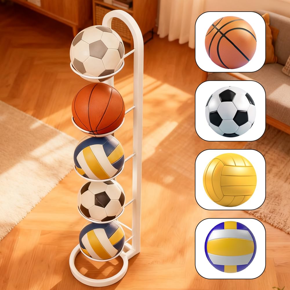 Soporte Balón Fútbol 5 Niveles, Estante Metálico Vertical para Baloncesto, Estantería Almacenaje Pelotas