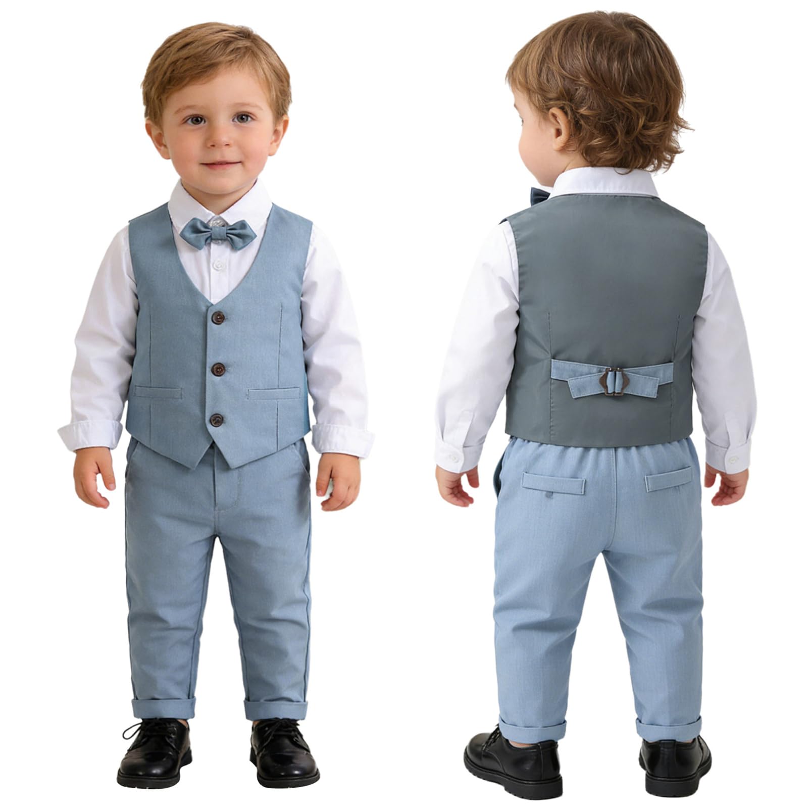 Aislor Costume de Baptême Gentleman Enfant Garçon Fille Chemise Blanc + Cravate Fleuri +Gilet + Pantalon Garcon Tenu Formel Manche Longue 4 Pièces 12Mois-8 Ans