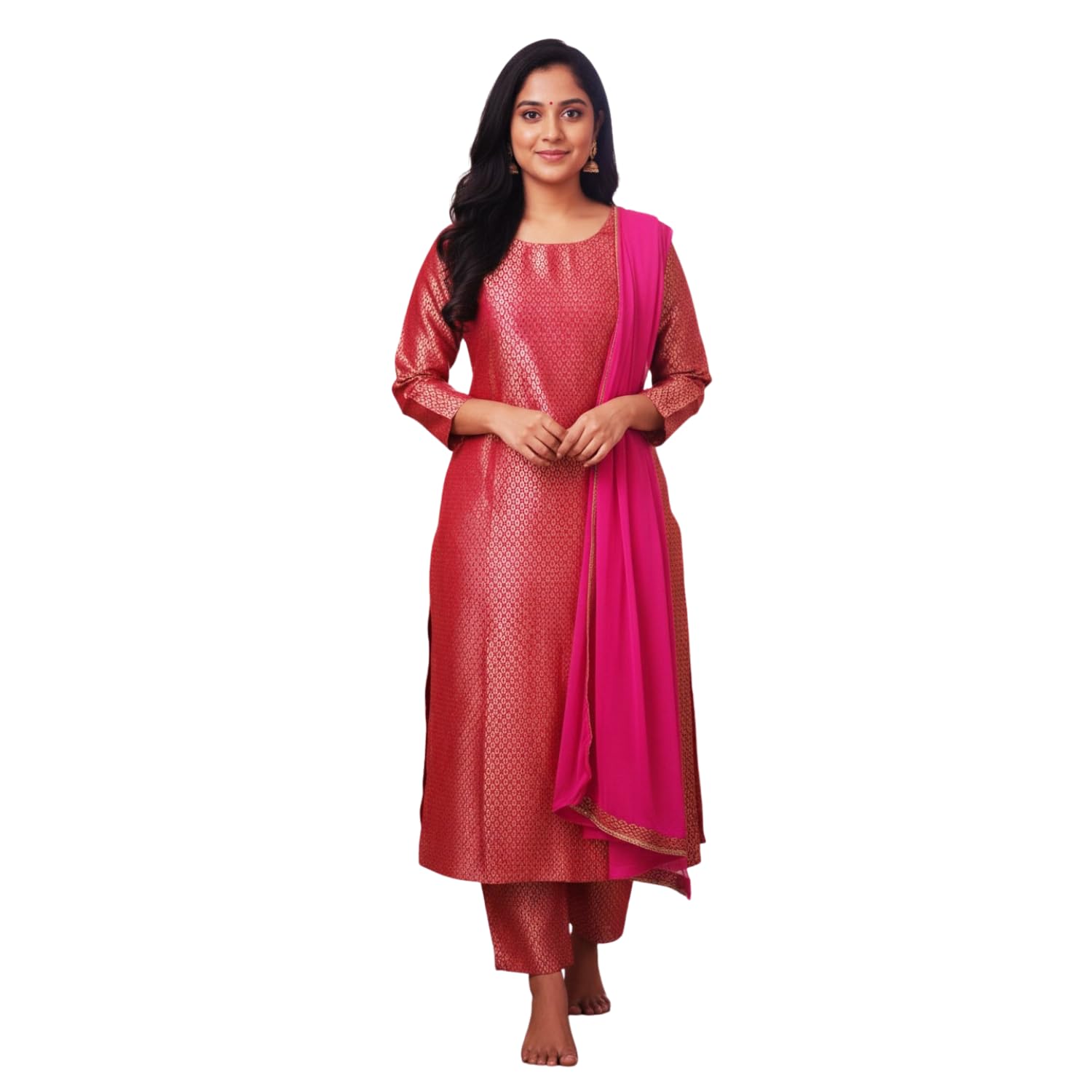 Women’s Jamavar Top & Bottom Suit Set | Traditional Woven Design | Ethnic Wear for Festive & Casual Use Kurti (IN, Alpha, L, Regular, Pink)-image-45