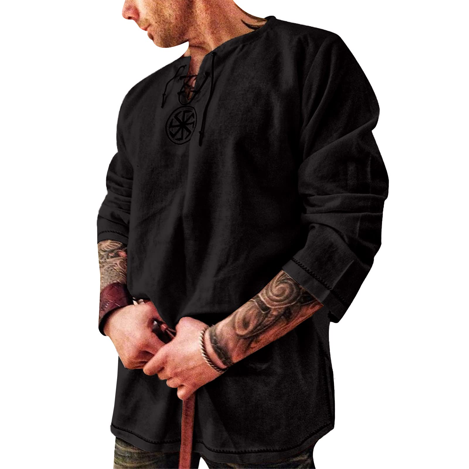 VANVENE Camisas de moda para hombre, de algodón y lino, estilo Henley, estilo casual, hippie, playa, manga larga