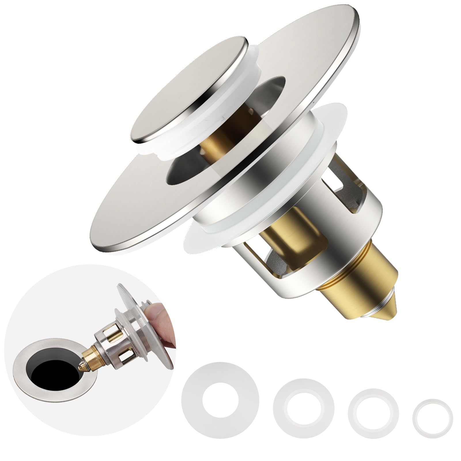 Universal 2 in 1 Bathroom Sink Stopper, All Metal Pop Up Sink Strainer with Anti-Clogging Filter Basket, for Standard 1"-2.3" Basin Drain Holes,