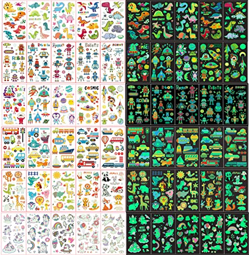 ASYBHYY Tatuajes Luminosos Temporales para Niños Niñas (30 Hojas) Lindos Tatuajes Falsos Impermeables Pegatinas de Dibujos Estilo Mixto Unicornio Animal Dinosaurio, Infantiles Regalo de Decor Fiesta Cover