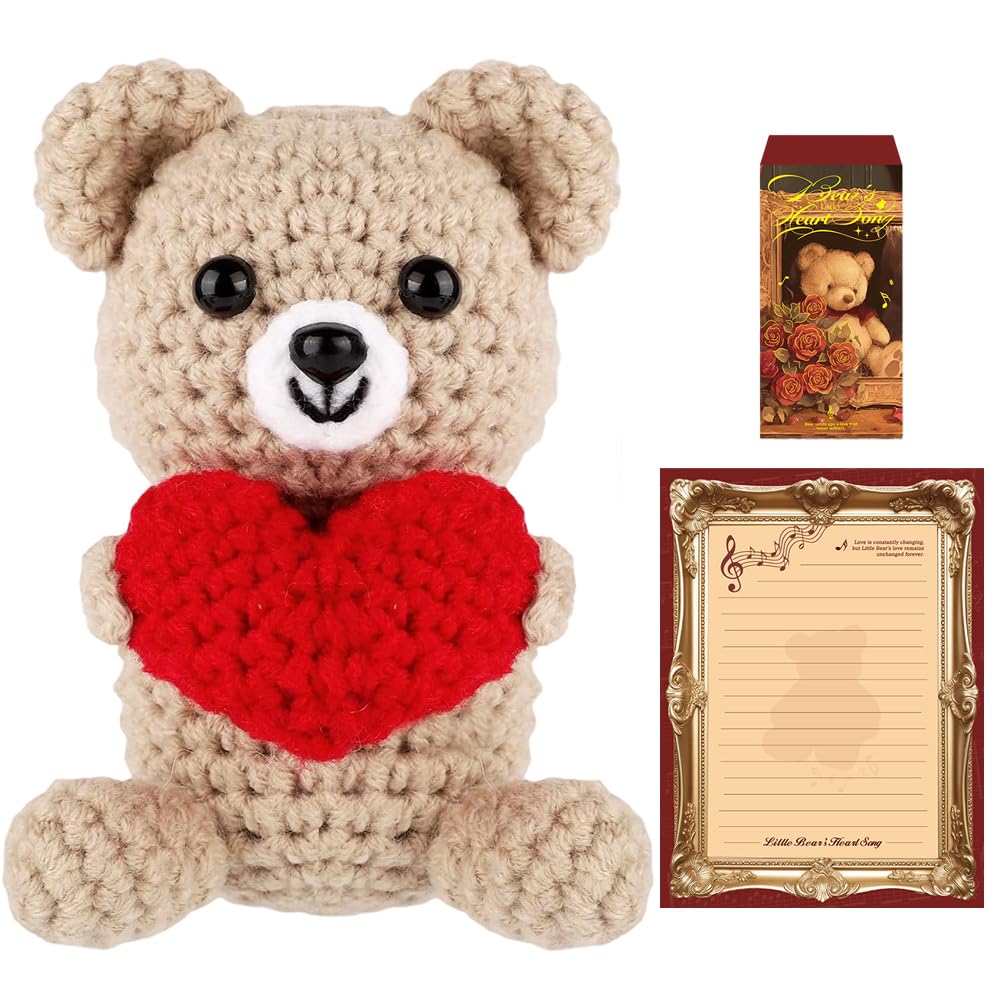 Positive Bear Pocket Hug Crochet Doll, Handmade Knitted Bear with Love, Emotional Support Plush Toy for Anxiety Relief, Funny Cute Animal Gift for Best Friend Birthday Inspirational Present for Lover