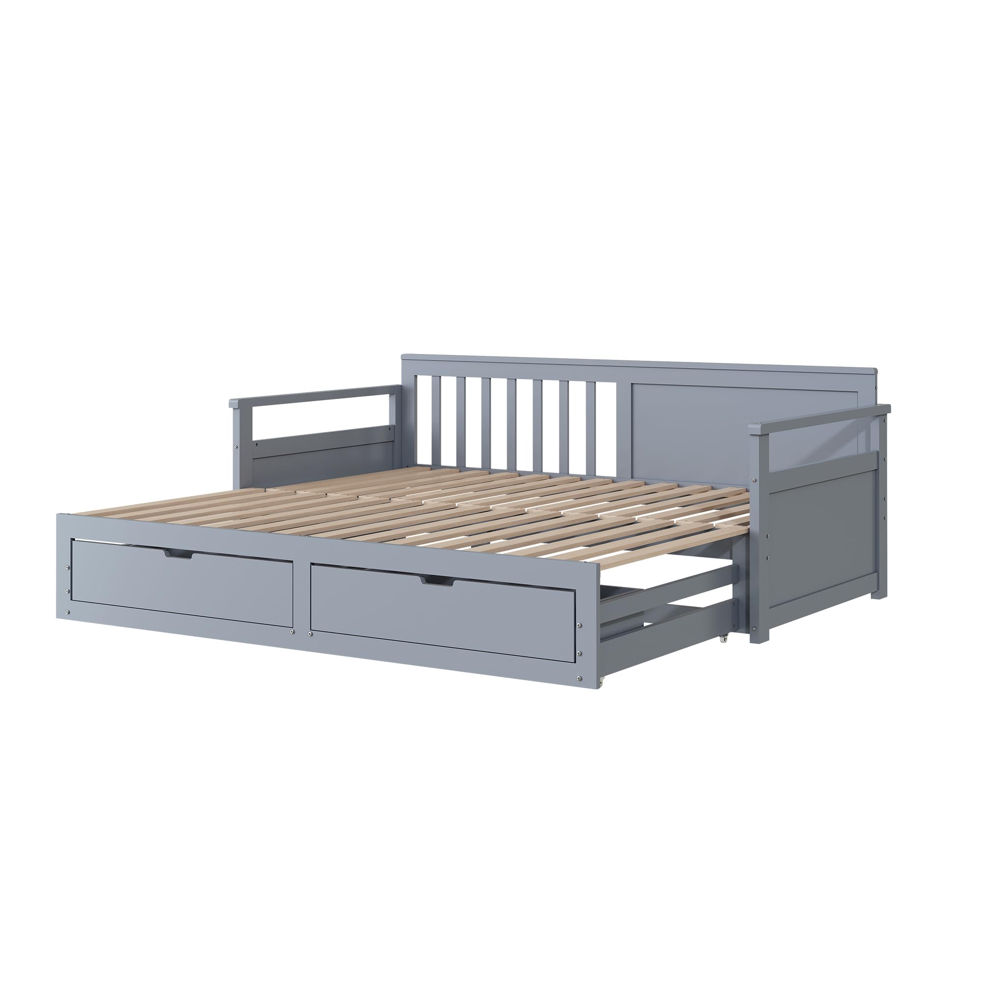 Tagesbett 90 x 190 cm, Ausziehbar auf 180 x 190 cm mit 2 Schubladen und Lattenrost, Platzsparendes Funktionsbett mit Rückenlehne und Armlehnen, aus Kiefernholz, Grau