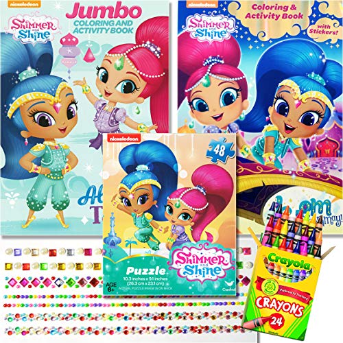 AZZUTORK Shimmer and Shine Coloring Books and Puzzle Set - Includes 2 Coloring Books with Over 30 Stickers, 1 Puzzle (48 Pieces), 24 Crayola Crayons and Jewelry Stone Sticker (1 Sheet)