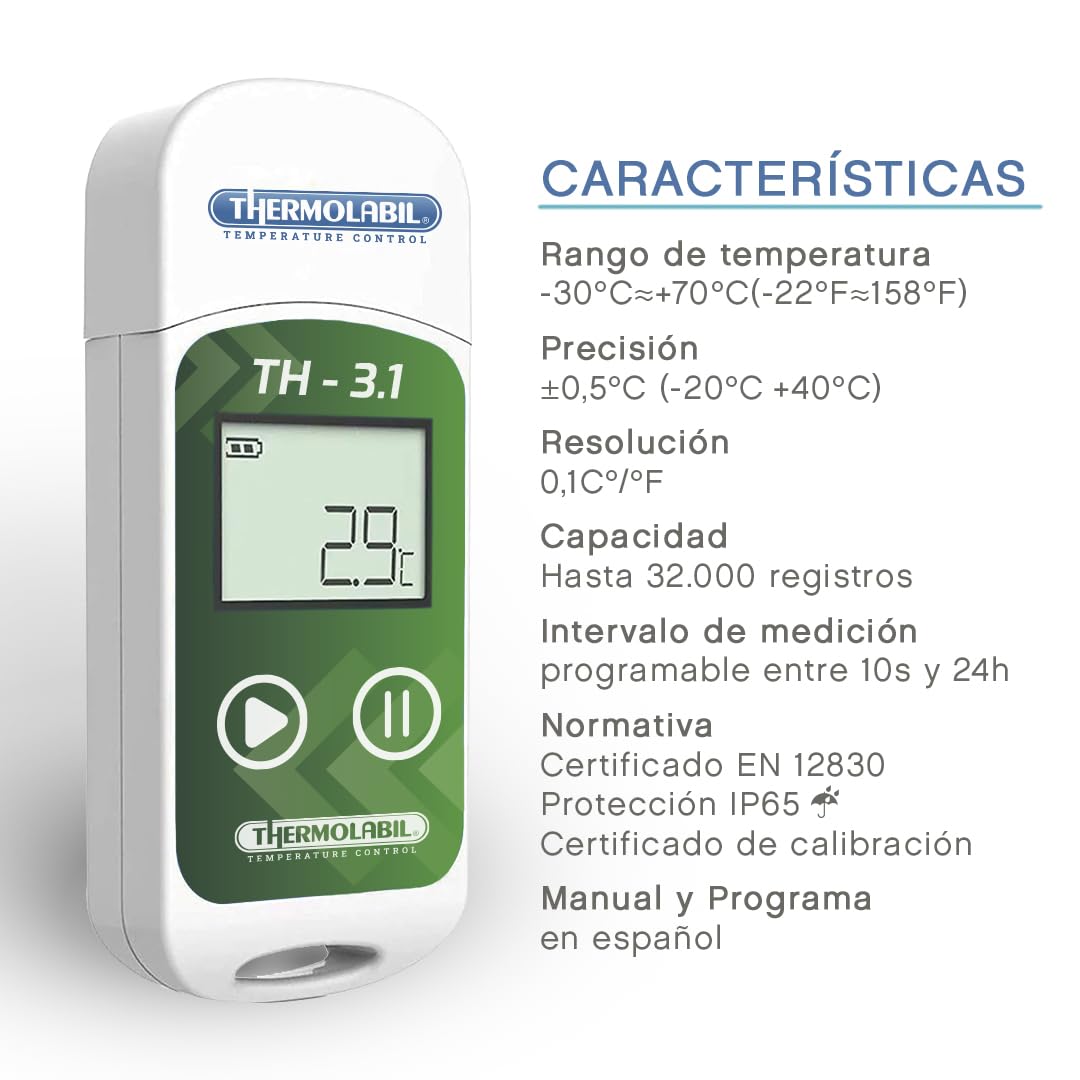 TH-3.1 USB – Termómetro/Data Logger para Nevera (Medicamentos/Vacunas) – USB – LCD – 16.000 Registros – IP65 – EN-12830, CE, RoHS – CR2032