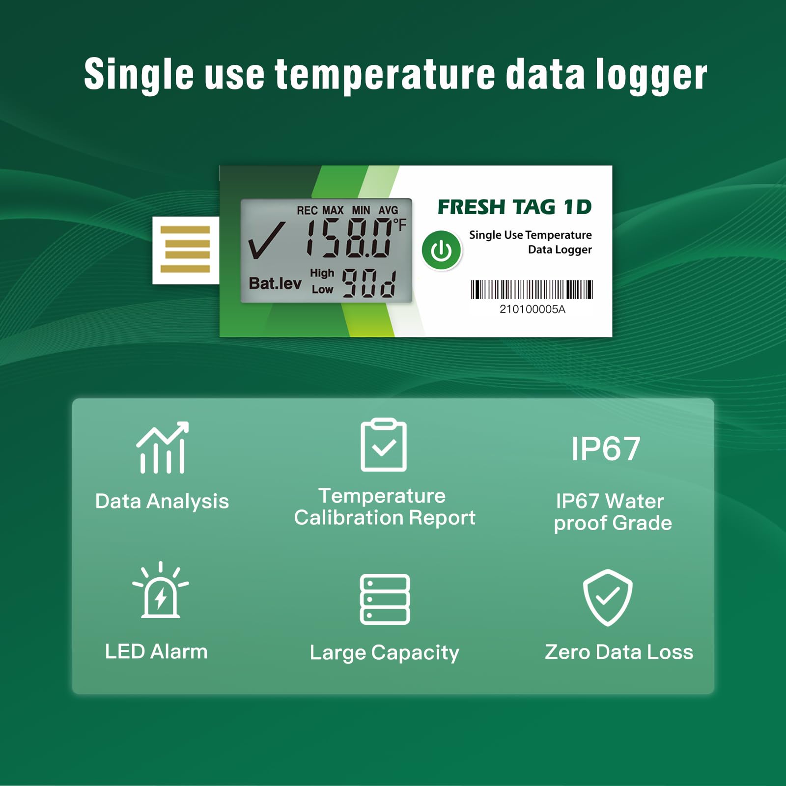 Freshliance Registrador de datos de temperatura LCD de un solo uso con informe PDF 7Days 10Pack Fresh Tag1D