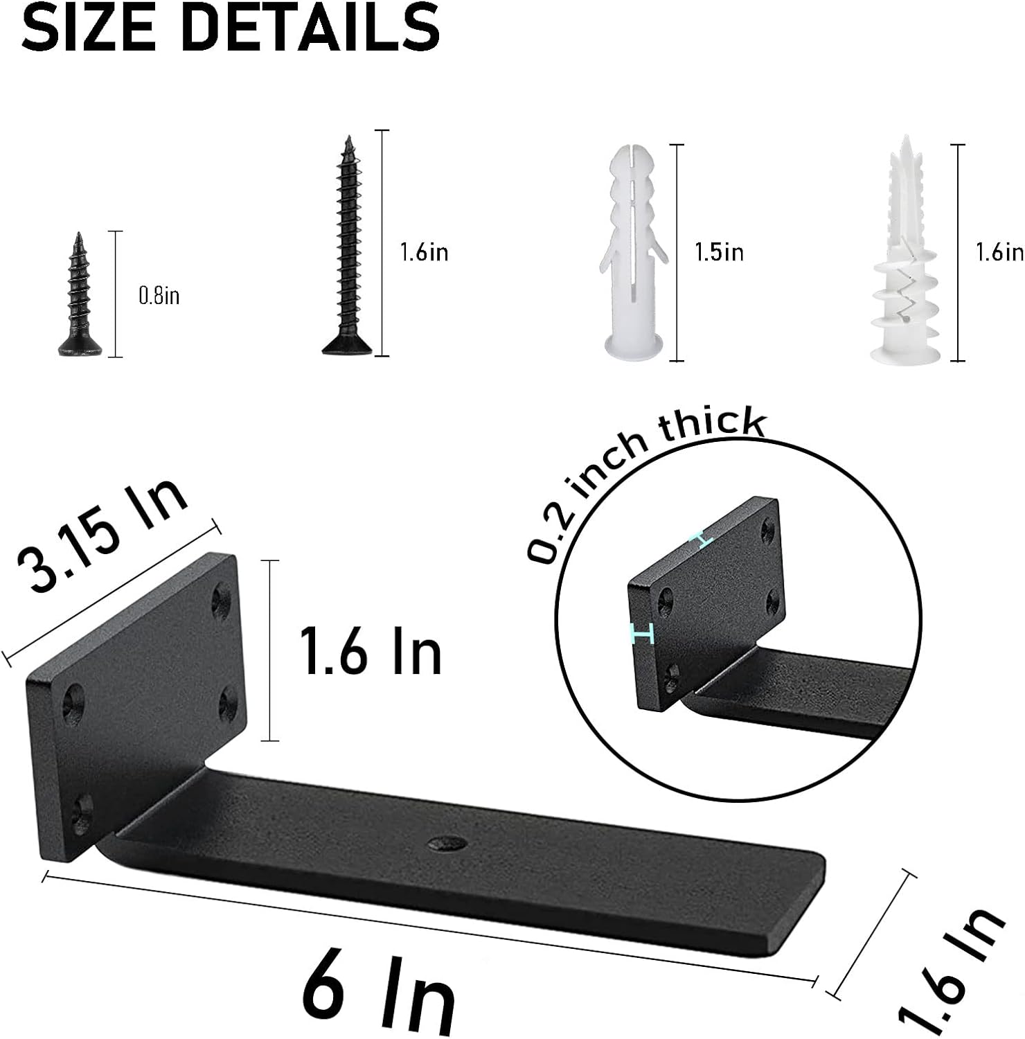 Floating Shelf Brackets Heavy Duty - 1/5 Inch Thick Industrial Black Metal L Brackets, Premium Solid Steel Shelf Supports for Shelves - 6 Inch Heavy Floating Shelves Hardware (6Pcs)