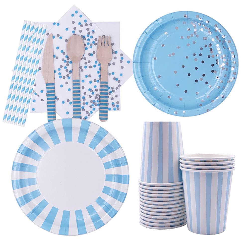 128 Pcs Party Tableware Set, Disposable Dinnerware, Wedding Tableware, Birthday Dinnerware, Paper Plates Cups Napkins Straws Cutlery, for Party, Birthday, Wedding (16 Guests)