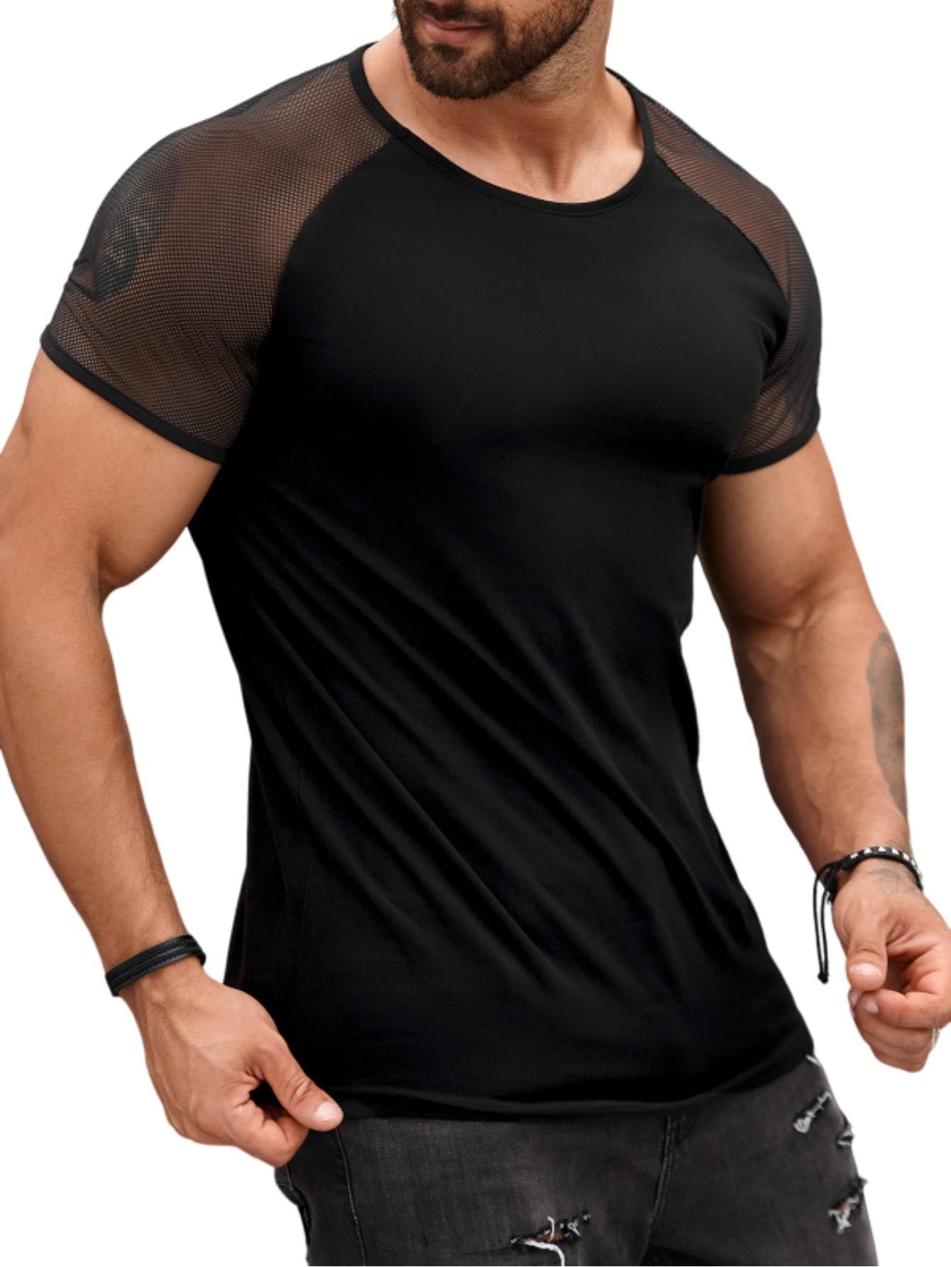 Floerns Men's Contrast Mesh Raglan Short Sleeve Clubwear Tee Shirt Top