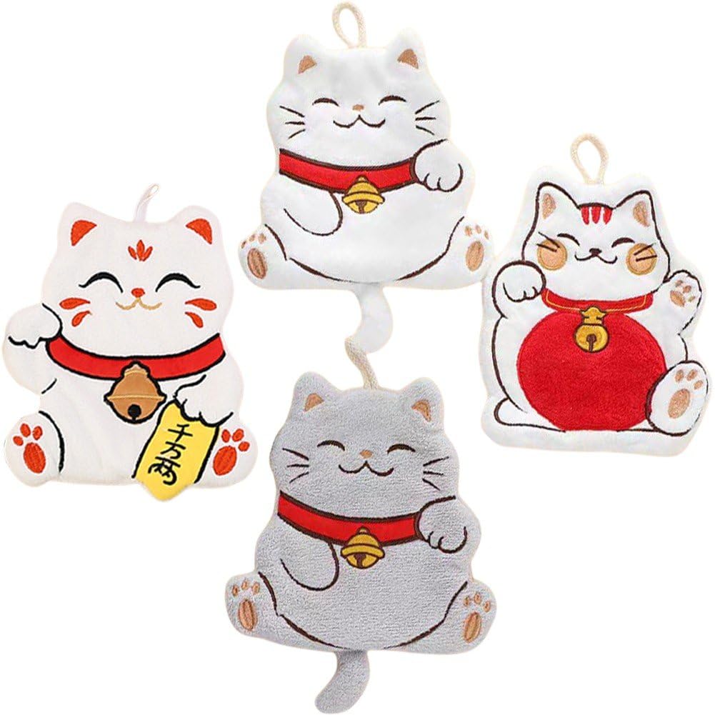 Fituenly As Shown Cute Cat Hand Towel 4Pcs Thickened Quick Drying Wiping Towel Coral Water Absorption Bathroom Hanging Towel For Daily Use