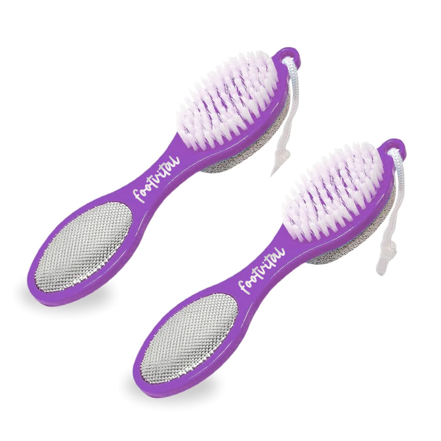 Footvital 4 in 1 Pedicure Tool for Rough & Dry Feet Dual-Sided with Pumice Stone Soft Brush Steel Scrubber & Emery File Softens Hard Foot Corns & Calluses (Multicolor (Pack of 2)