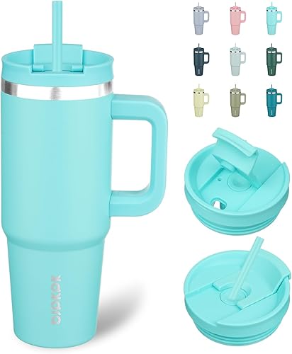 Miniatura 36 de BJPKPK Vaso de Acero Inoxidable de 30 oz con Asa, Vasos Térmicos Aislantes con 2 Pajitas, Taza de Café de Viaje con Tapa, Chicle Bubble gum,Verde