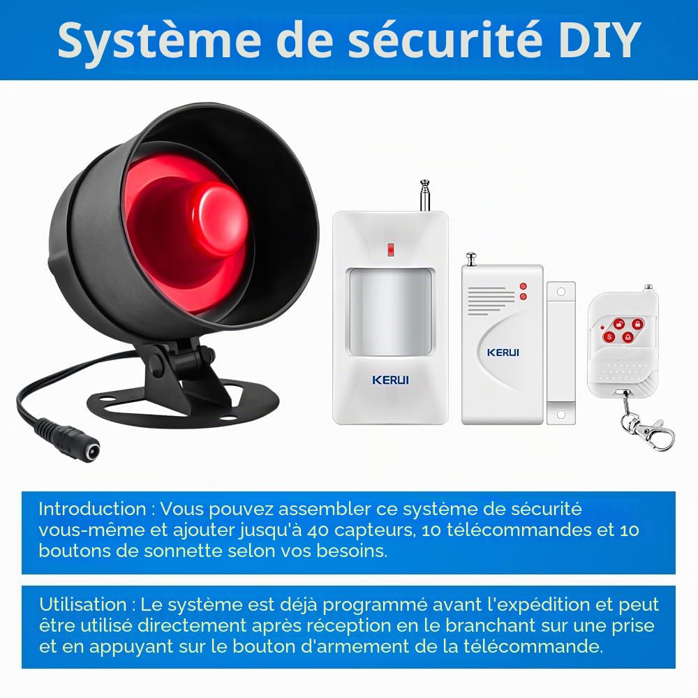 Alarme Maison sans Fil, Alarme Maison avec115dB Sirène Alarme Porte Télécommande Detecteur de Mouvement Ring Alarm Système de Sécurité Kit pour Alarme Garage/Voiture/Appartement