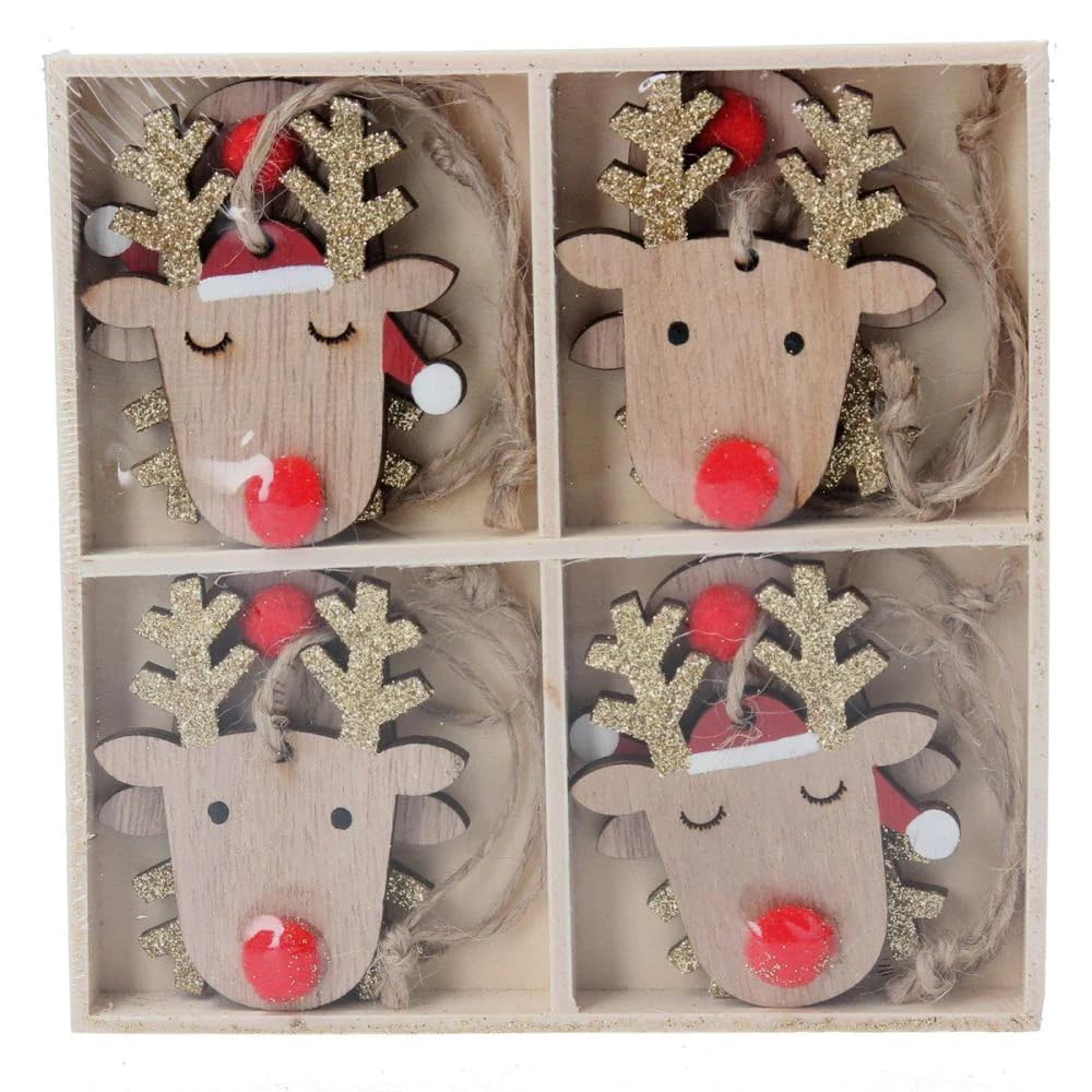 Gisela Graham Red Box Of 8 Wooden Reindeer Head With Nose Hanging Christmas Decorations
