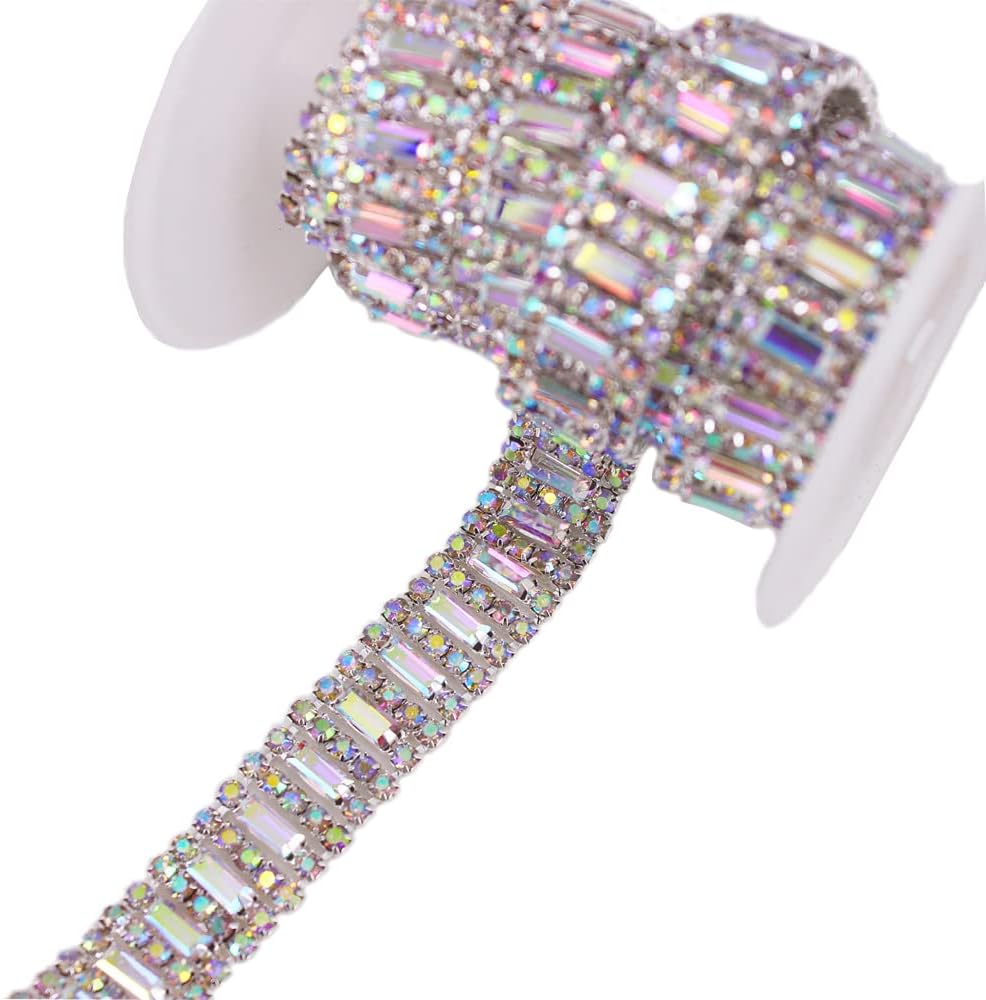 1 Yard Delicate Rhinestone Trimming Crystal Ribbon Chain for Sewing Craft Wedding Bridal Belt Decoration (Silver AB)