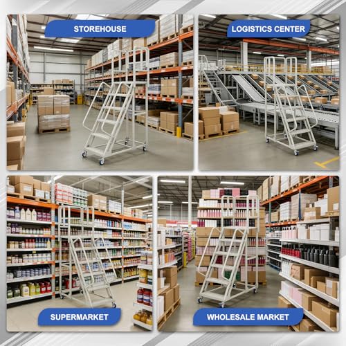 Image of 6 Step Rolling Ladder with Handrails, Industrial & Warehouse Stairs with Wheels, 1200LBs Capacity Non-Slip Platform Ladder for Garage, Library, Supermarket, 23.9 inch L X 55.1 inch W X 89.6 inch H