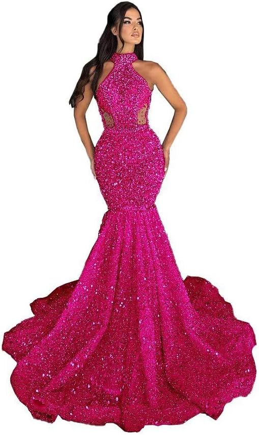 Mermaid Prom Dresses 2025 Long Sequin Sparkly Halter Beaded Sexy Sheer Evening Gowns Formal Party Dresses with Train - Image 4