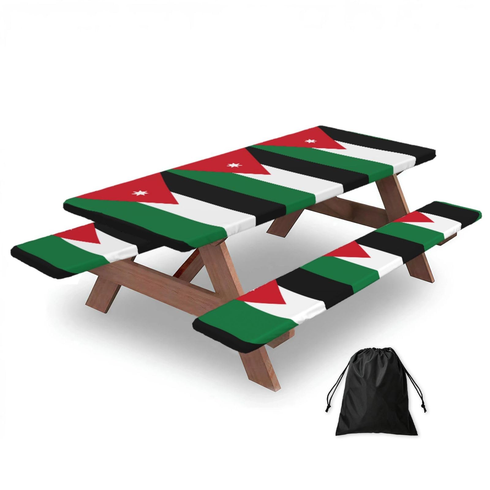Hhbiuuo Black 72In Camping Table Cover & Bench Covers 3-Pack Set, Jordanian Flag Print Tablecloths, For Rectangle Tables Picnic