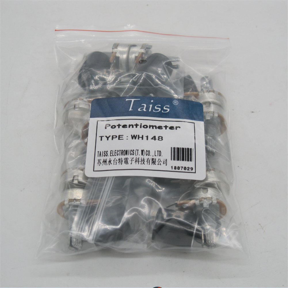 Taiss 10x B50K Ohm Linear Potentiometer – 3 Anschlüsse, 6 Mm Welle, 15 Mm Länge, Gerändelt, Inkl. 10 Knöpfe (5x Schwarz, 5x Gold) – Für Lautstärke & Co.