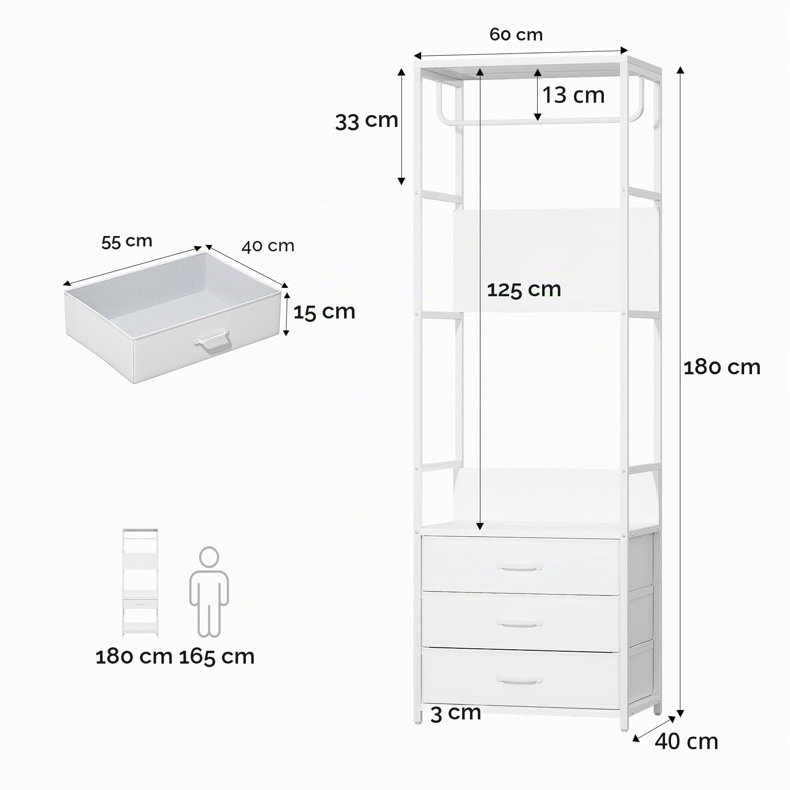 VOWNER Appendiabiti da Terra con Panca e 3 Cassetti, Mobile Ingresso Multifunzionale 60cm, Stand Appendiabiti con Barra e Scarpiera, Attaccapanni Salvaspazio Moderno per Corridoio e Camera, Bianco