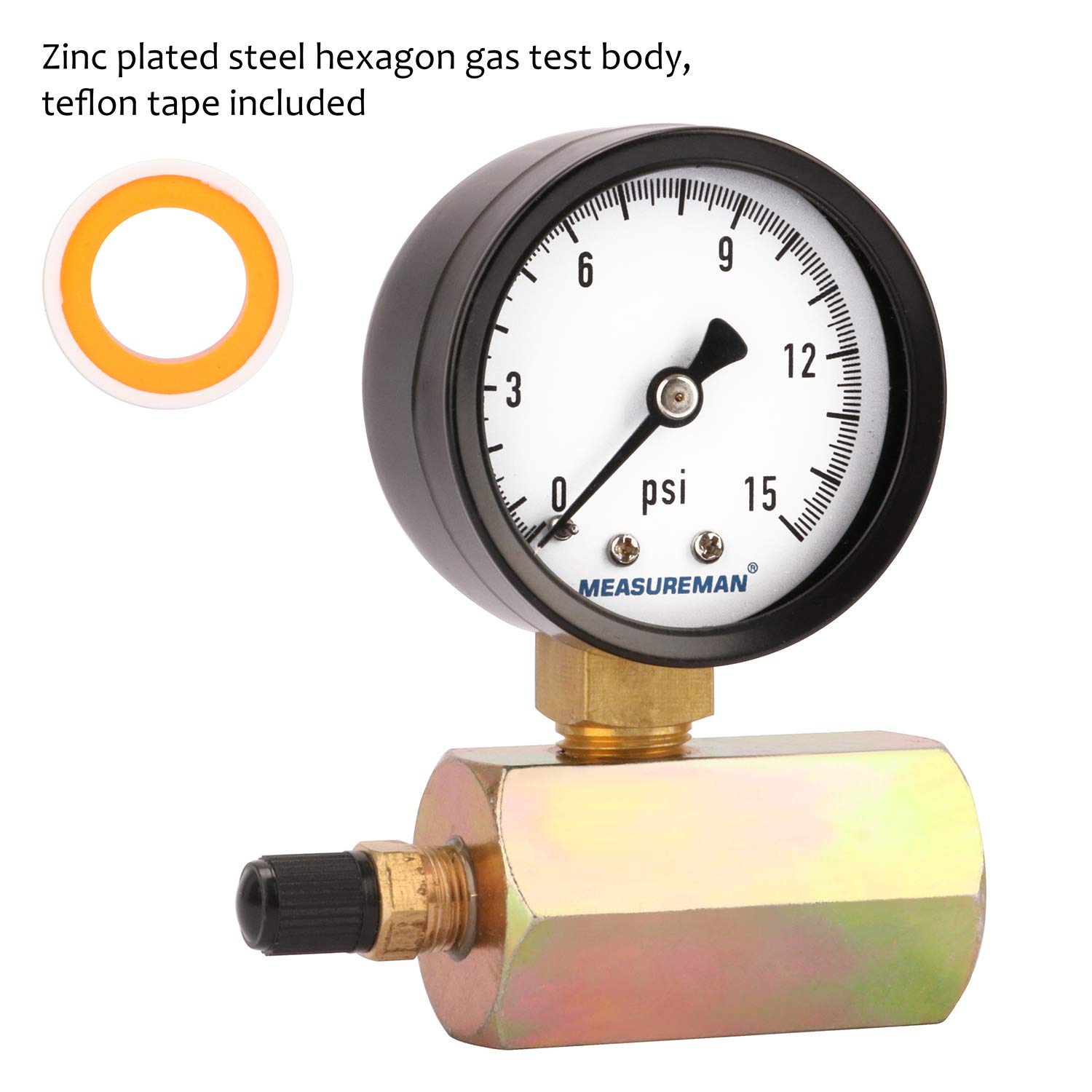 MEASUREMAN 5,1 cm Stahl-Gasdruckprüfgerät, 1,9 cm FNPT Anschluss, 0-15 psi, +/-3-2-3 % Genauigkeit