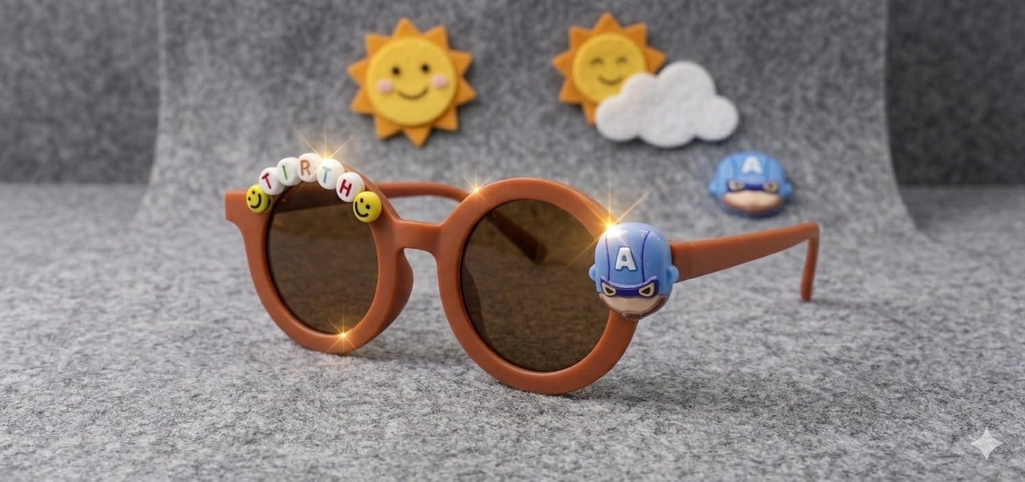 PLAS ART STUDIO Customised round sunglasses Kids Sunglasses Get Kids Name on Frame For Girls & Boys. (Rust orange) 3