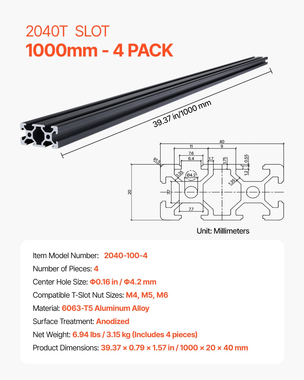 VEVOR 4er Set Aluprofil 1000 mm T-Nut 2040 Aluminium-Strangpressprofil eloxiert Linearschiene Nutenprofil für 3D-Drucker CNC-Maschine DIY