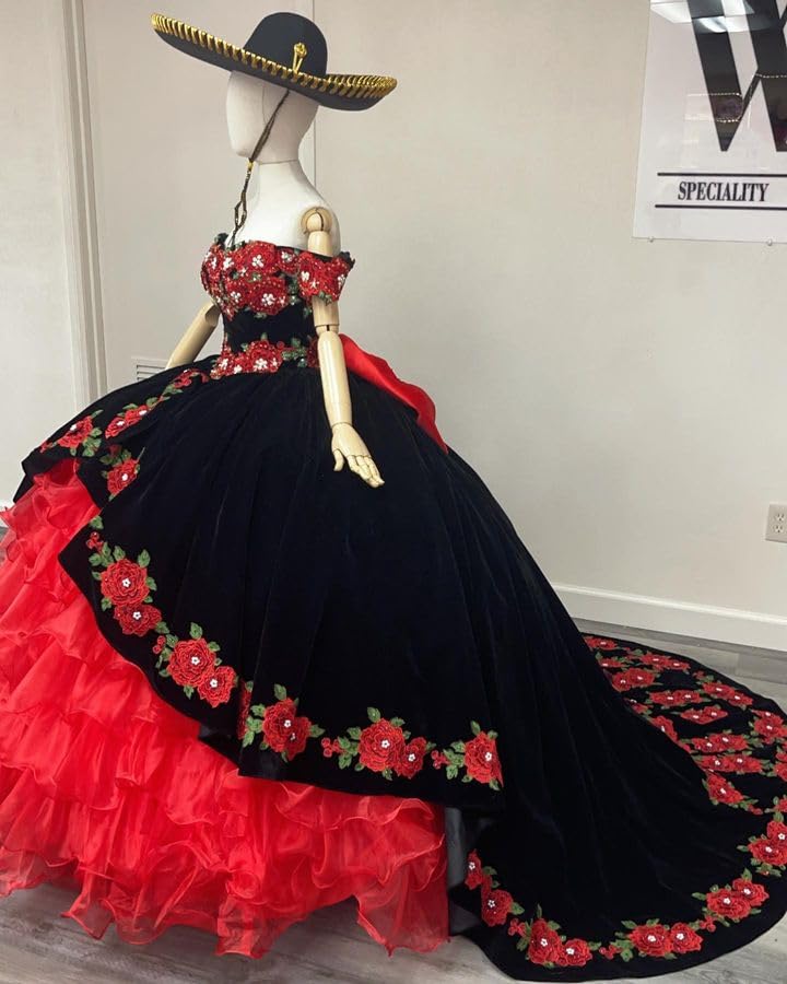 Black Velvet Ruffle Organza Quinceanera Dresses 3D Flowers Beaded Sweet 15 16 Dresses Off Shoulder Puffy Prom Dresses3