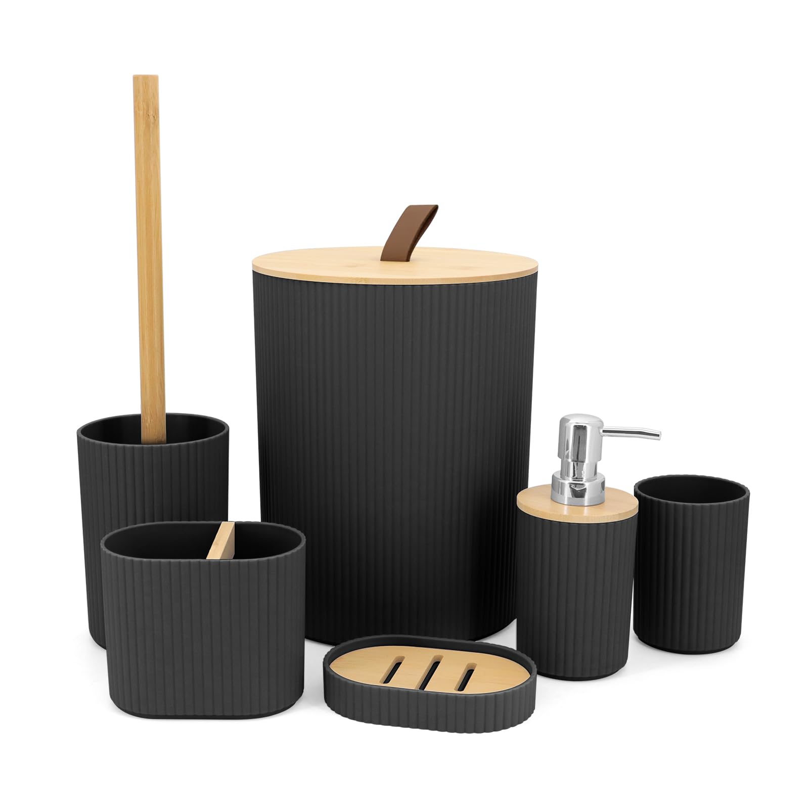 Yuhtech 6 Pieces Bathroom Accessories Set, Bamboo Bathroom Accessory, Bathroom Essentials Set, Modern Plastic Bath Set with Soap Dispenser, Toothbrush Holder Cup, Bathroom Bin and Toilet Brush (Black)