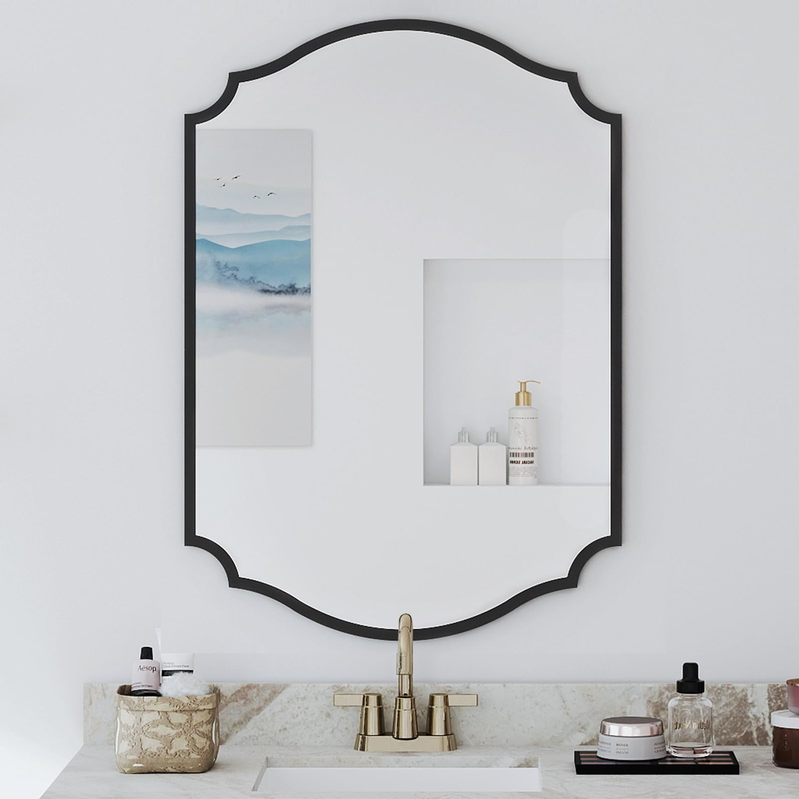 Chende Black Bathroom Mirror for Over Sink, 32'' x 20'' Arched Mirror with Scalloped Frame for Home Decor, Modern Decorative Wall Mirrors for Entryway