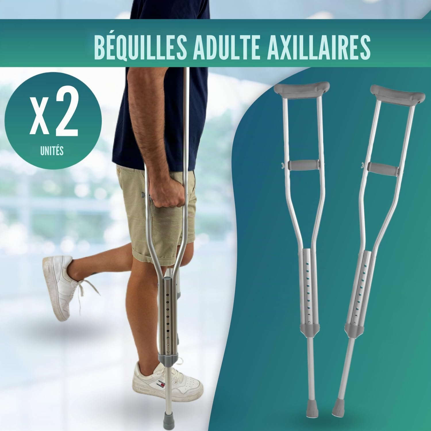 OrtoPrime Béquilles Médicales Adultes x2 – Béquille Médicale Réglable en Aluminium Léger – Canne Anglaise Confortable pour Femme & Homme – Béquilles Orthopédiques Sécurisées