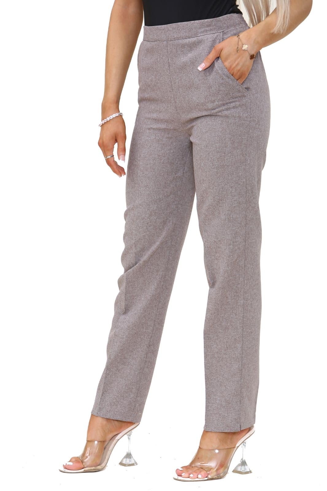 INSAFIANS Women Half Elasticated Pull Up Pants | Ladies Office Wear Trousers | Work Formal (Beig L29 W24)