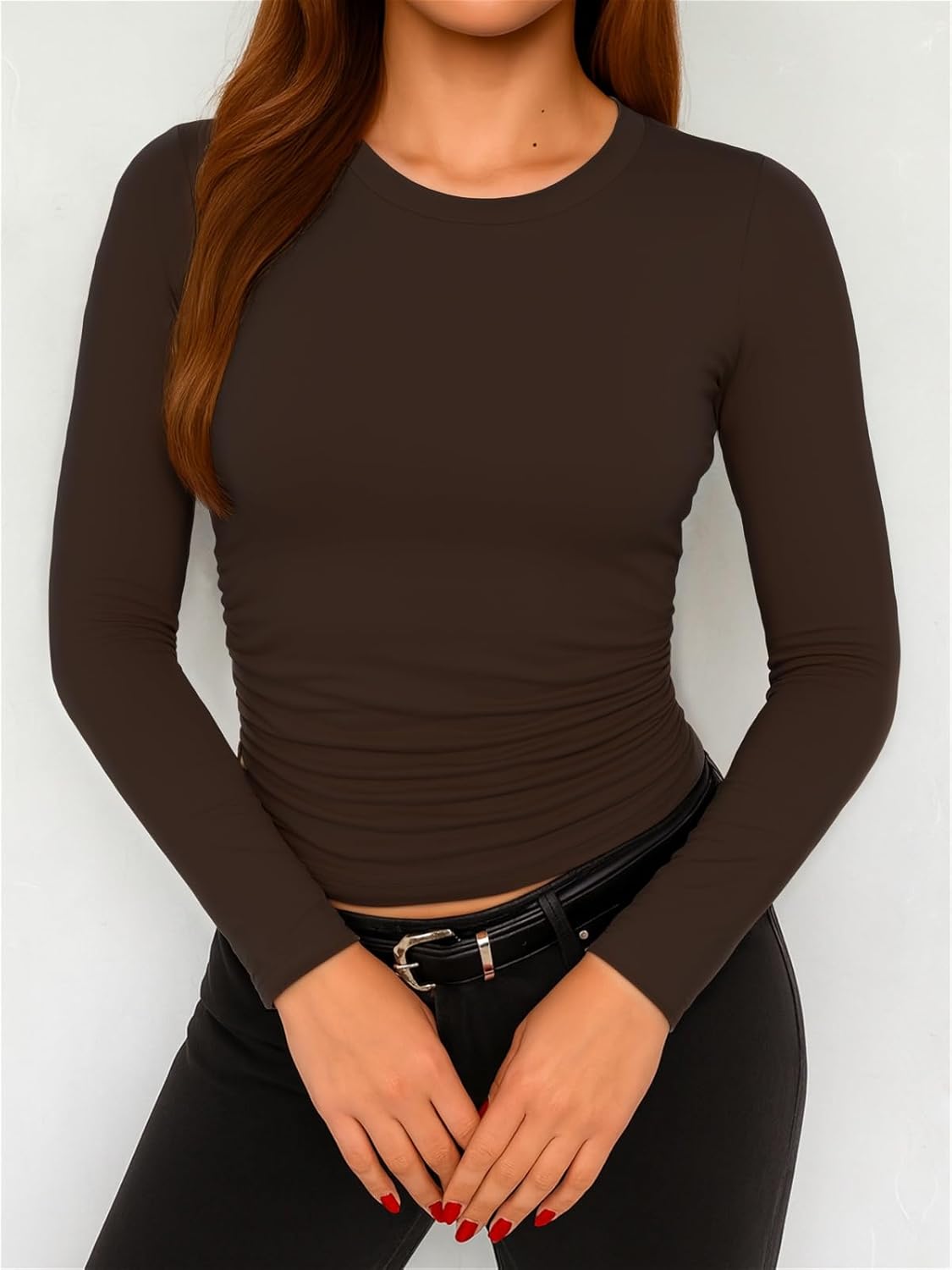 ForeFair Womens Long Sleeve Shirts Ruched Basic Going Out Tops Crew Neck Fall Winter Tee Casual Clothes - Image 2