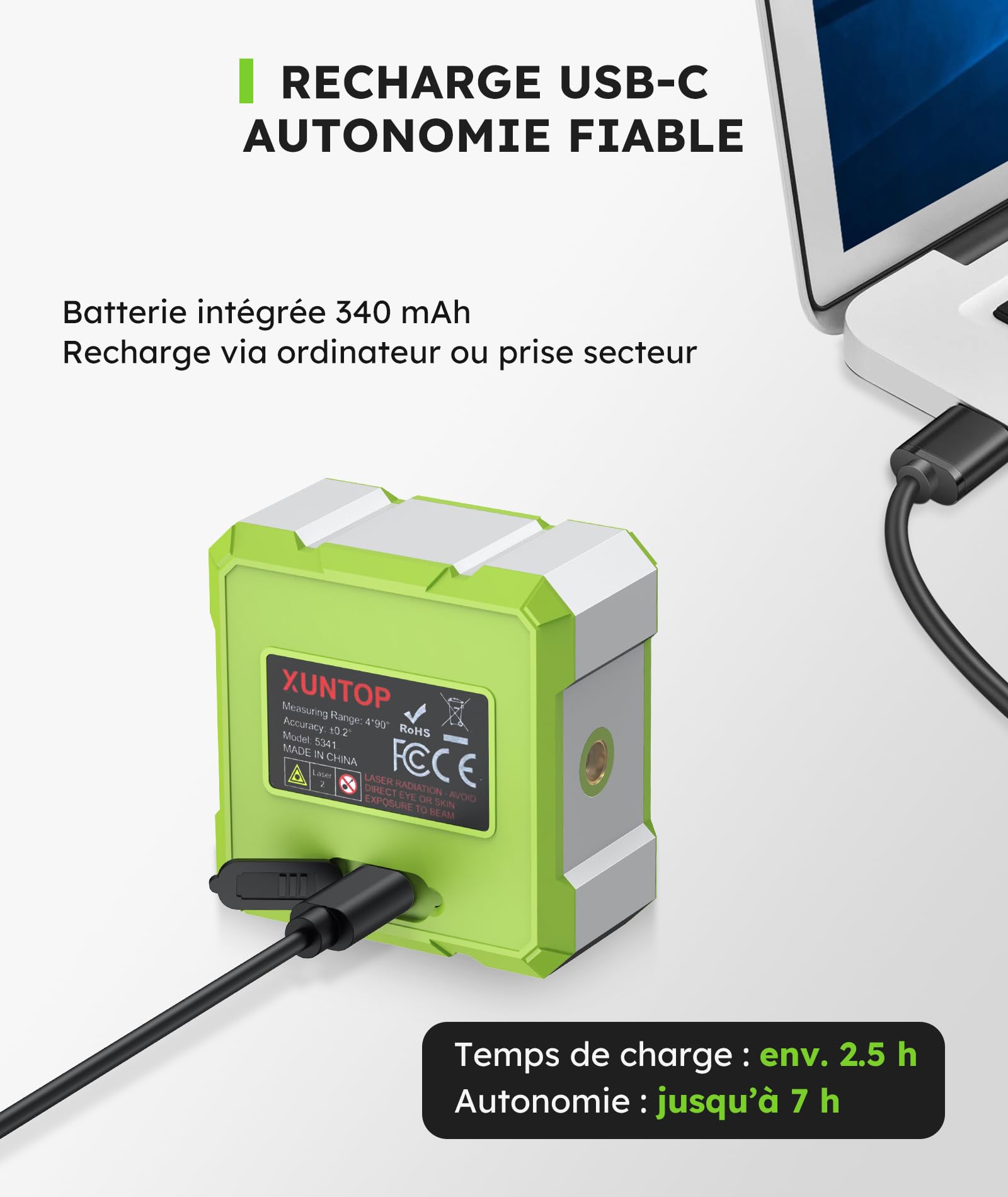 XUNTOP Inclinomètre Numérique 360° avec Laser Vert Haute Visibilité – Niveau Laser Électronique Magnétique 4 Faces, Écran VA Vert Fond Noir, USB-C Rechargeable, IP54, Outil Mesure d’Angle pour Menuise