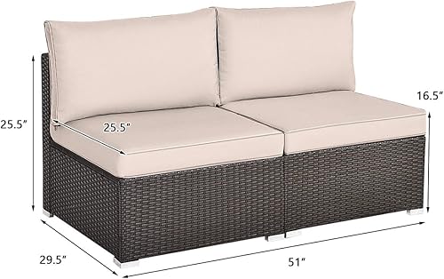 Miniatura 5 de RELAX4LIFE Sofá de mimbre sin brazos de 2 piezas, juego de sofá modular de ratán PE con cojines extraíbles, juego de sofá para todo tipo de clima