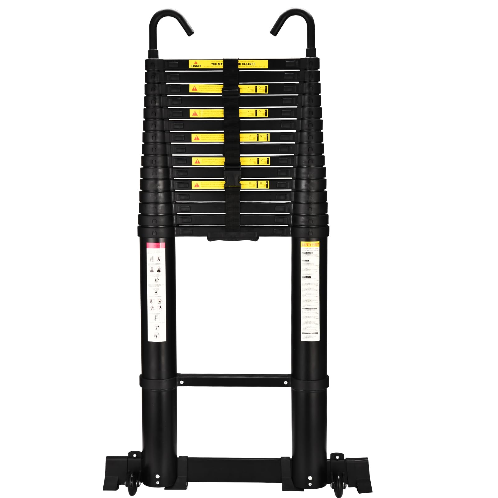 HBTower 6,3m Teleskopleiter Aluminium mit Haken, Leichte Ausziehleiter, Leiter Ausziehbar, klappbare Leiter für Dachböden, Caravans, 150kg Tragfähigkeit, Schwarz