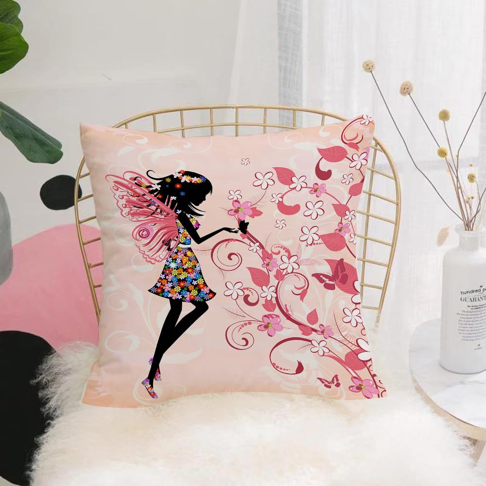 HYMSXW Cushion Cover,Throw Pillow Case Home Decorative for Living Room Bedroom Sofa Chair 20X20 Inch,Fairy girl, pink butterflies and flowers Beautiful girl,Pillowcase 50X50cm