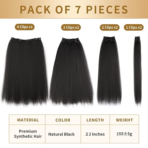 Miniatura 3 de WIGNEE 22 pulgadas 7 piezas rizado recto clip en extensiones de cabello negro clip en extensiones de cabello para mujeres negras Yaki recto clip en