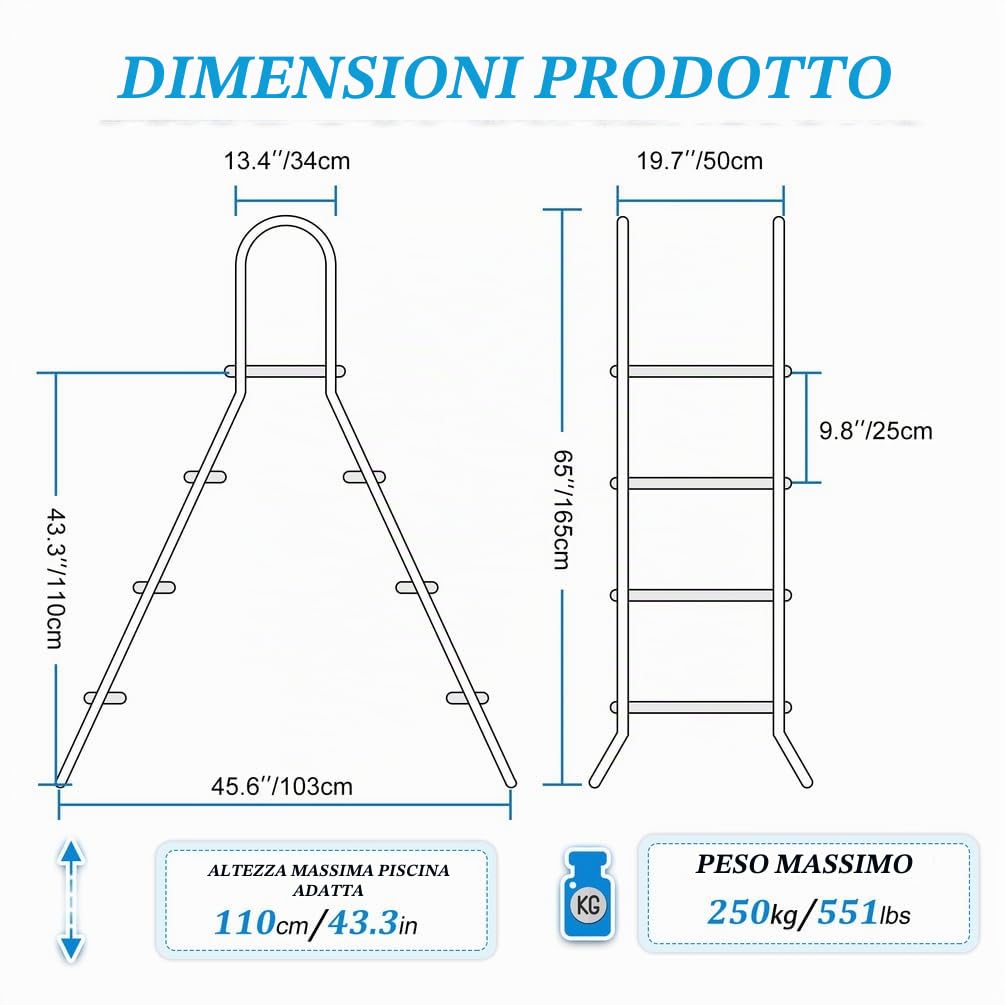 Scala per Piscina Fuori Terra a 3 Gradini 110 cm, Scala di Risalita in Acciaio a Doppio Lato, Robusta Scala per Piscina Fuori Terra, Gradini per Piscina Antiscivolo,110cm