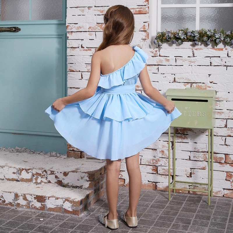 CHILDRENSTAR Girls Party Dresses One Shoulder Blue Ruffles A Line Chiffon Dresses for Kids,Size 8 92