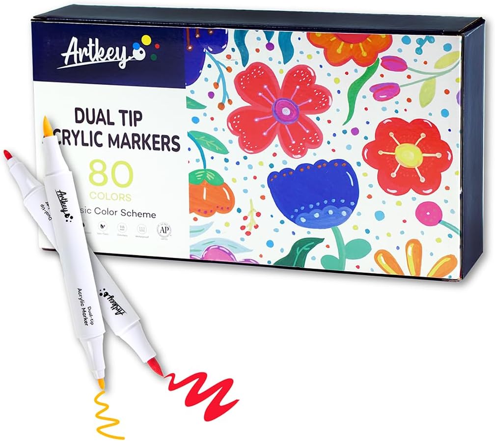 Artkey Acrylic Paint Markers 80 Colors, Dual Tip Acrylic Paint Pens with Brush and Fine Tips for Rock Painting, Canvas, Wood, Glass, Ceramic, Stone, Fabric and DIY Projects