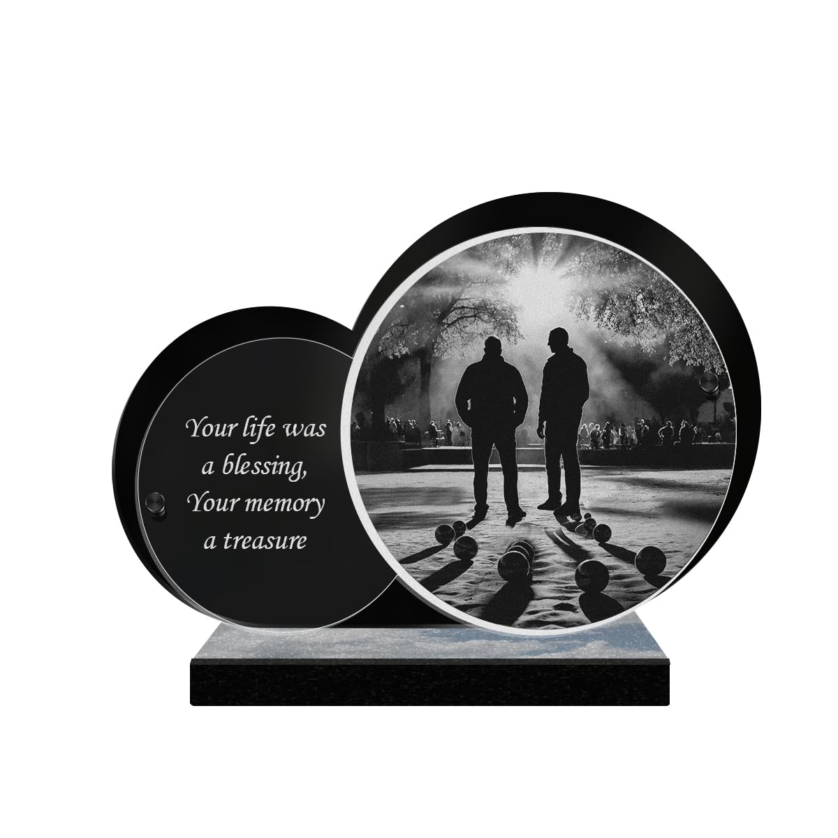 ETERNEL - Personalized Double Circle Memorial Plaque - Petanque, Petanque Balls - Customizable Text, Laser Engraved Memorial Plaque for Tribute, Cemetery Plaque, Tombstone, Funerals
