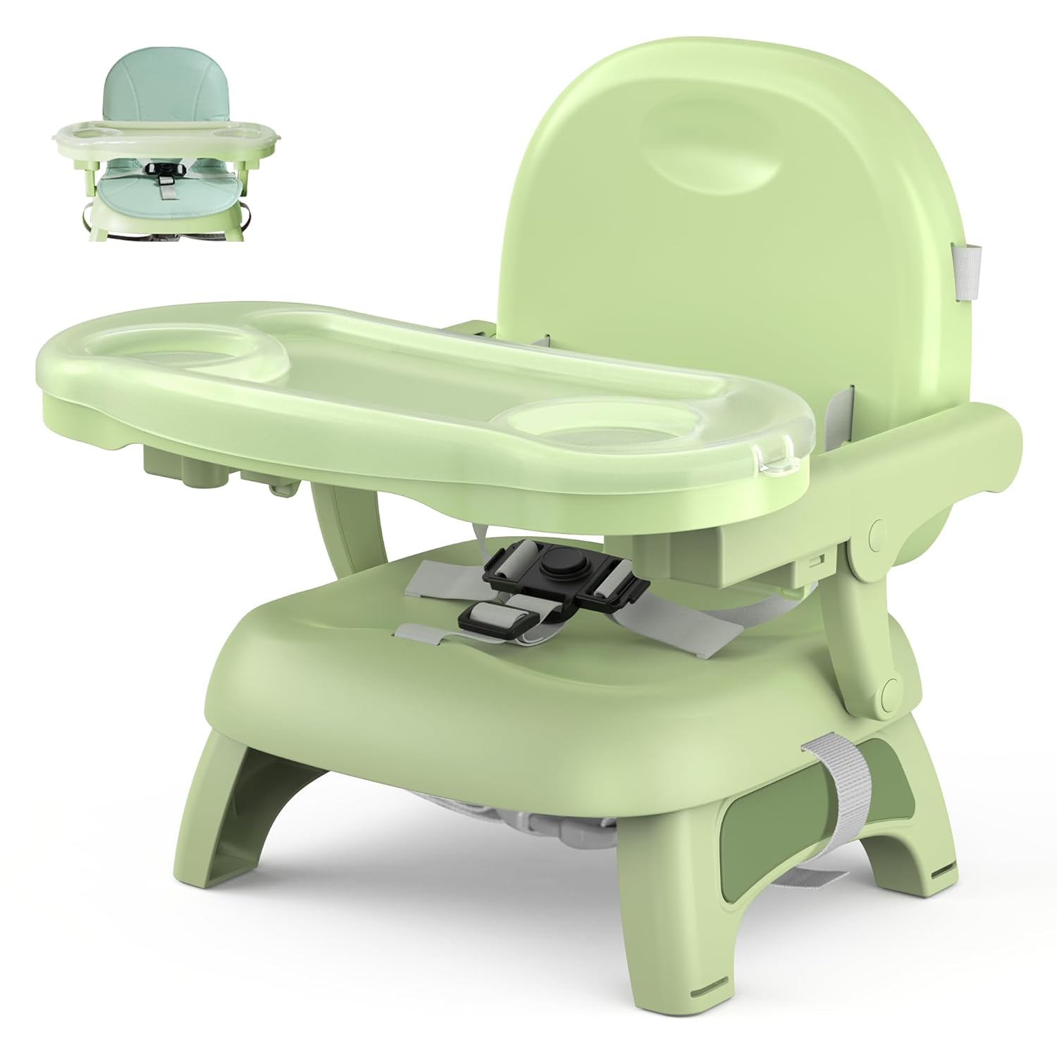 Bella’s Friends 3-in-1 Toddler Booster Seat for Dining Table and Kitchen Chair with Adjustable Double Layer Tray and Safety Straps, Foldable&Portable Baby Floor Seat with Removable Cushion, Green Plus Green
