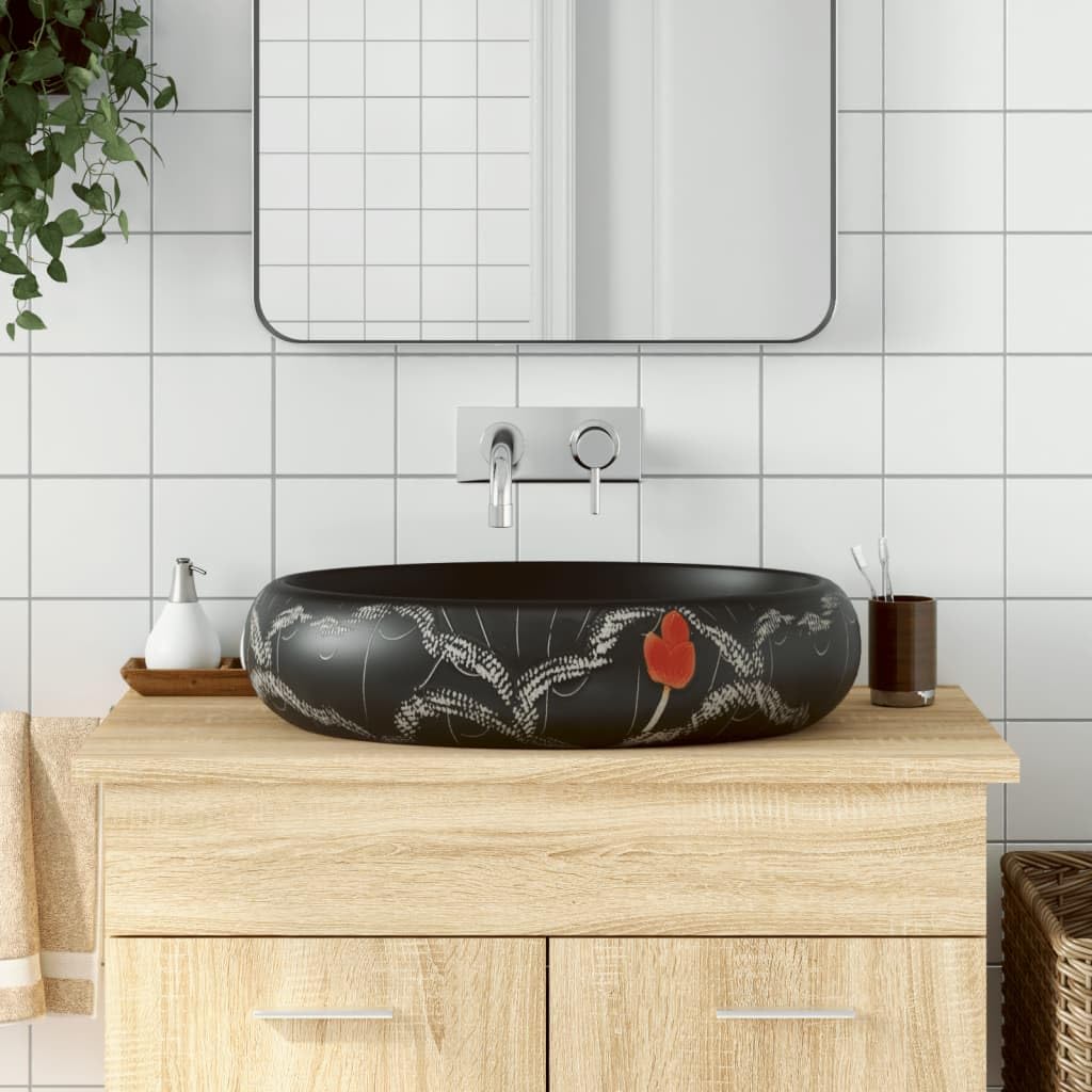 ShGaxin Lavabo sobre encimera Ovalado cerámica Negro 59x40x15 cm, Fregadero, Lavabo Baño, Lavamanos Baño, Lavatorio Casa De Banho, Mueble Lavabo sobre Encimera - 155082