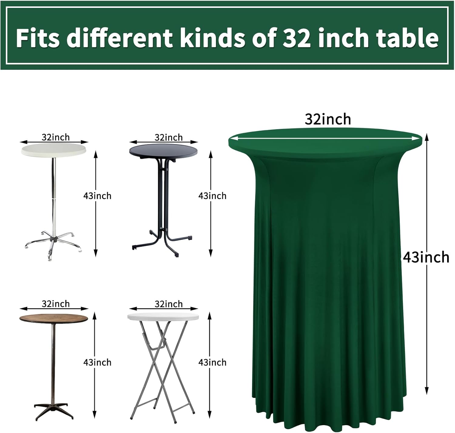 8 Packs Round Cocktail Table Skirt 32"x 43" Spandex Stretch Cocktail Tablecloth with Wavy Drapes, Dark Green Spandex Fitted High Top Table Covers for Wedding Bar Party Birthday Banquet Table Dark Green 8 Pack-32"x 43"