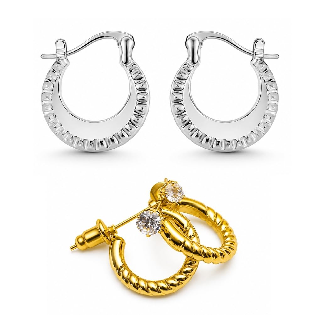 Combo of Men Silver Chand Bali & Golden Rope Style with Stone Pairs Ear Earrings Stylish Stainless Steel Daily Wear Party Look-image-19