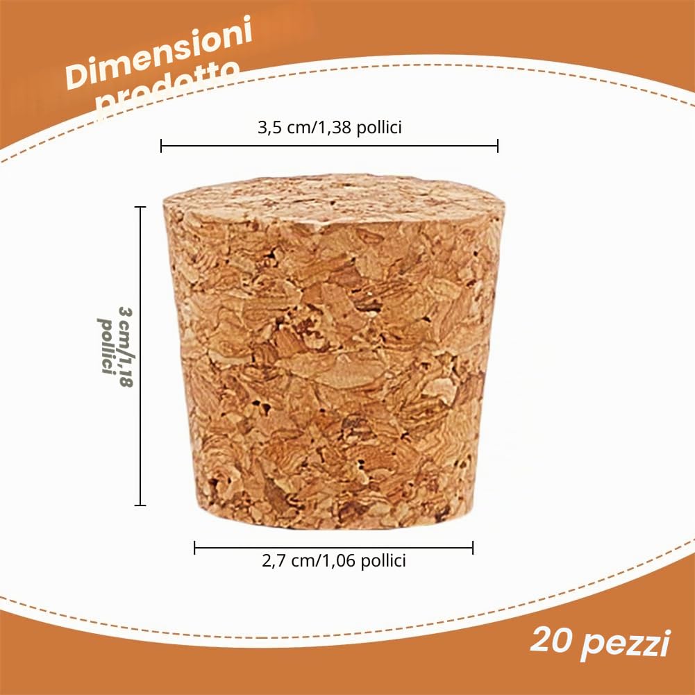 20 tappi in sughero per bottiglie, 2,7 – 3,4 x 3 cm, tappi di ricambio per bottiglie di vino, bottiglie di birra artigianale
