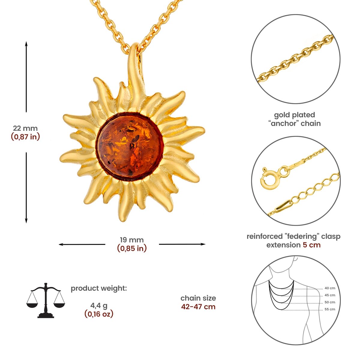 Collana Donna Piccolo Sole Con Ambra, Argento Placcato Oro, Ambra Baltica Rotonda Color Cognac, Ciondolo in Argento con Catenella