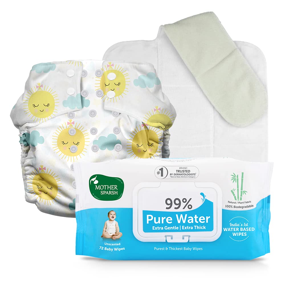Mother Sparsh Plant Powered Cloth Diaper with FREE 99% Pure Water Baby Wipes (72Pcs) | Reusable Cloth Diaper for Babies with Built in Booster Pad (Snoozy)| Unscented Baby Wipes